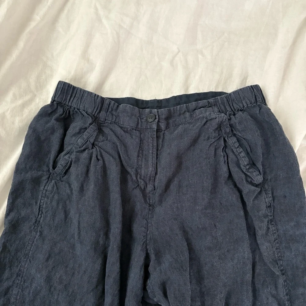 Poetry Tailored Trousers V784 Washed Navy Blue 100% Linen Pants Size 14 cropped - Picture 2 of 6